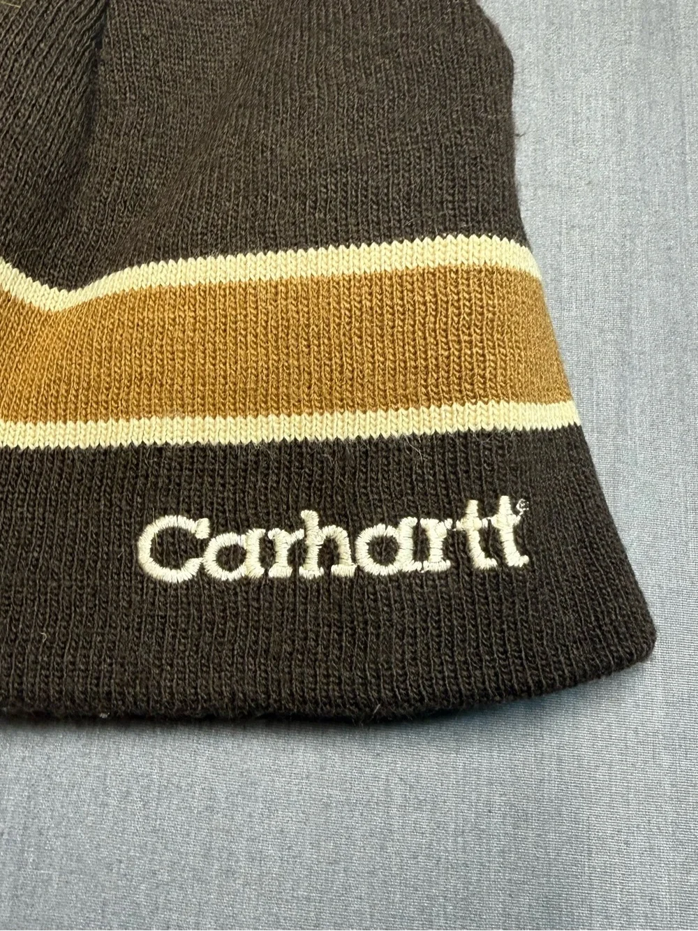 Vintage Y2K Boys Carhartt Brown Beanie with Gold and Cream Stripe